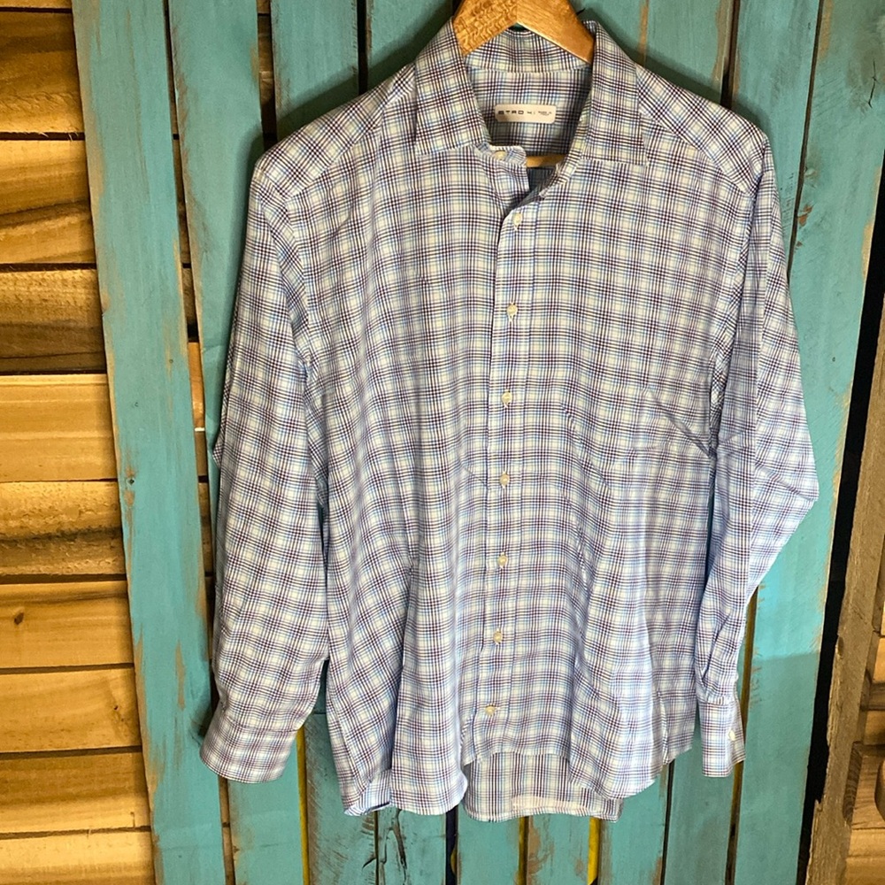 Etro 41 button up long sleeve shirt size Large blue purple made in Italy